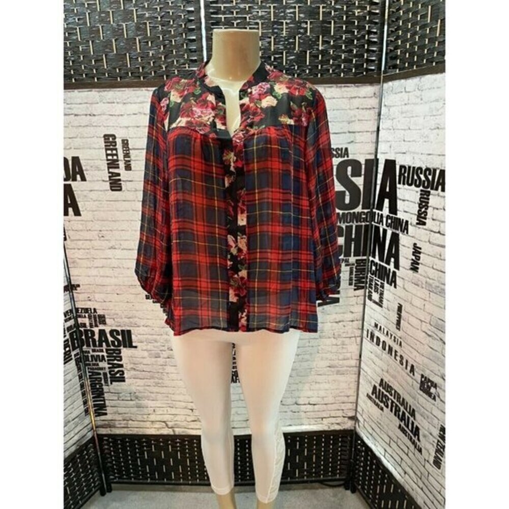 Persaya M Red Plaid & Floral Sheer Split Neck Step-Hem 3/4 Sleeve Top